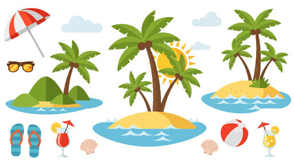 Tropical Beach Scene with Palm Trees Umbrellas and Water Activities