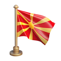 North macedonia flag waving on a golden pole isolated on transparent background