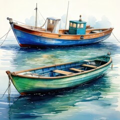 Obraz premium Two boats float on calm water, watercolor style