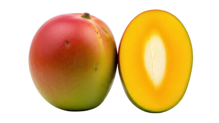 Isolated Mango Fruit Two Halves with Seed Tropical Red Green Yellow Food Nutrition Diet