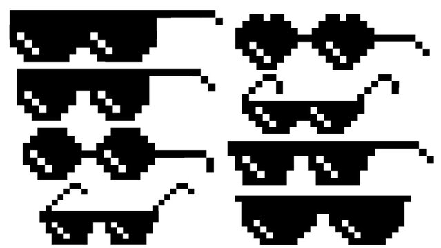 Variety of black pixelated sunglasses designs, capturing a distinct retro 8-bit style. Ideal for digital projects, gaming themes, and meme-inspired graphics