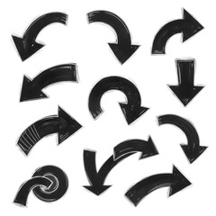 Bold brush curved arrows set, doodle marker thick arrow collection, hand drawn direction symbols. Creative vector illustration featuring multiple sketch-style arrows in different orientations