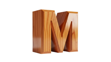 Isolated letter M in wood. 3D render, typography, alphabet character for design project.