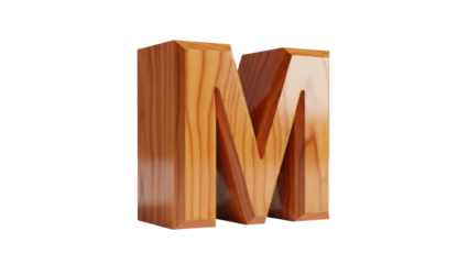 Isolated letter M in wood. 3D render, typography, alphabet character for design project.