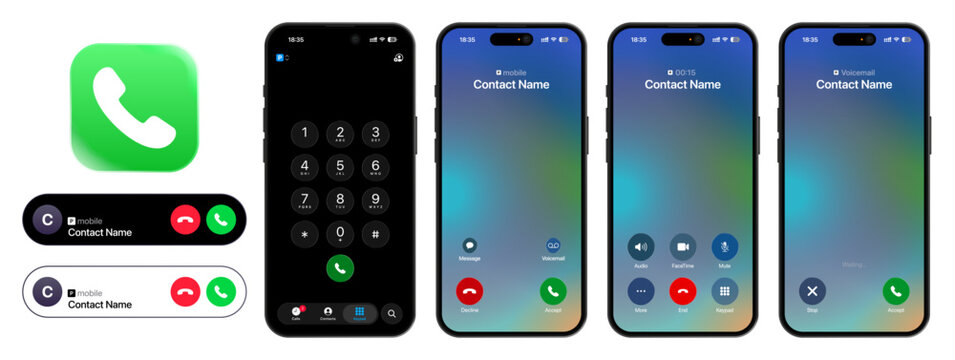 iPhone Call Phone app UI screen vector design showing Calling, Voicemail, Keypad and Calls pages with notifications and Dynamic Island, updated for iOS 26 in 2026 on iPhone 17 Pro.