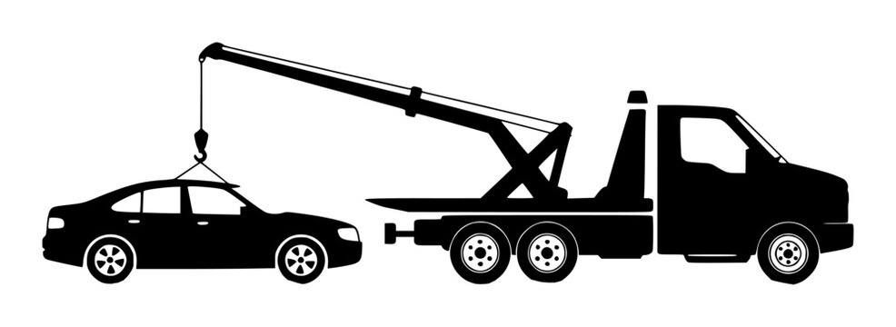 Tow truck lifting black sedan with crane isolated white background towtruck vehicle