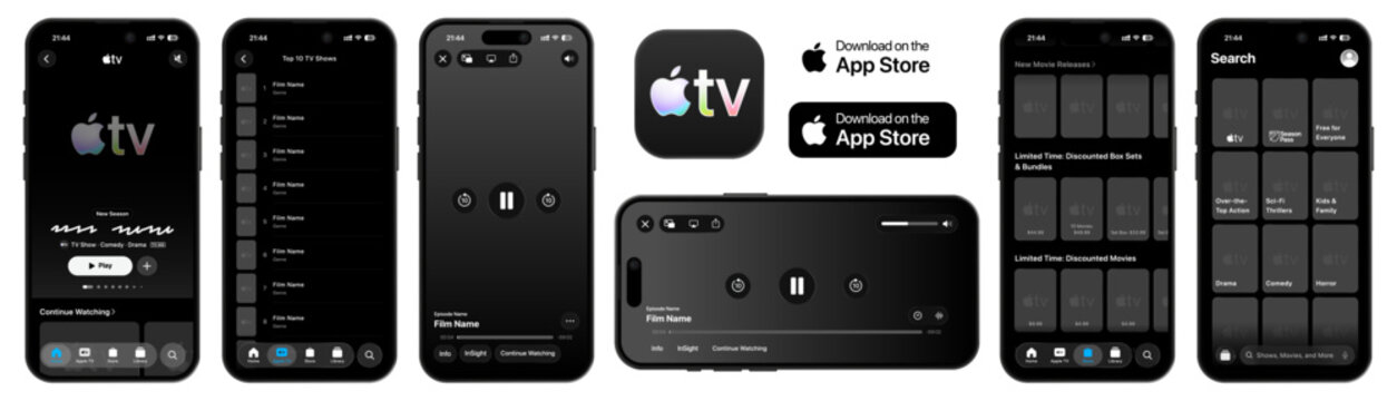 Apple TV iOS app UI screen vector design showing Home, Apple TV, Store and Library pages, updated for iOS 26 in 2026, displayed on iPhone 17 Pro with a modern media interface.