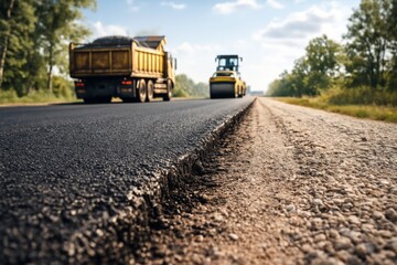 Obraz premium A construction scene showcasing a yellow dump truck and a vibrant yellow roller compacting fresh asphalt on a sunny day.