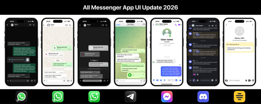 All messenger app UI update 2026 featuring chat interfaces for Apple Mail, Apple Messages, Instagram Direct, Gmail, WhatsApp, WhatsApp Business, Facebook Messenger, Discord and Bumble with app icons o