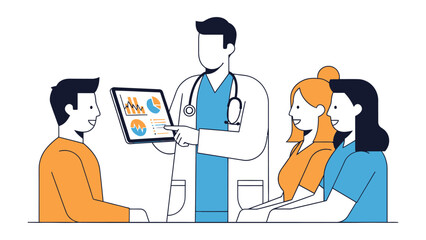 Healthcare Consultation: A medical professional engages in a detailed discussion with patients, illustrating complex information through a digital tablet.