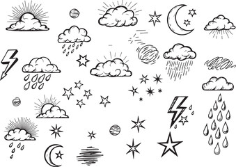 Hand-Drawn Weather Icon Set – Doodle Style Vector Illustration Symbols.