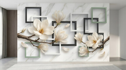 Modern 3D White Magnolia Wall Art with Geometric Frames and Marble Background