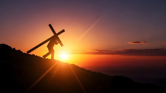 Jesus Carries Cross Uphill Sunset