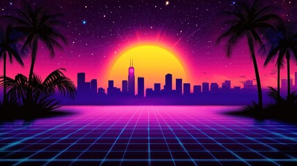 Retro futuristic city skyline at sunset with palm trees and grid. (1)