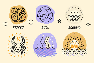 Zodiac signs illustrations pisces bull scorpio cancer libra and leo