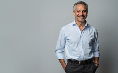 Fototapeta premium Smiling confident latin hispanic mature business man standing isolated on grey background. Older senior businessman, 40s 50s male professional ceo, coach, leader looking at camera. Banner, copy space.