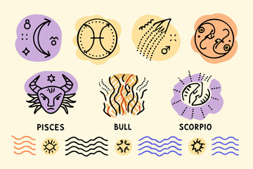 An assortment of colorful astrological symbols and zodiac sign illustrations