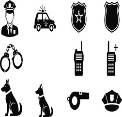 A collection of black silhouette icons representing law enforcement tools officers and canine units for security © RASID