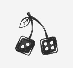 Hand drawn artistic sketch of cherries shaped like dice. Black and white grunge brush drawing of dice looking like cherries.