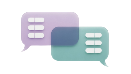 Isolated chat bubbles overlap in shades of lavender, teal, and blue for dialog concept