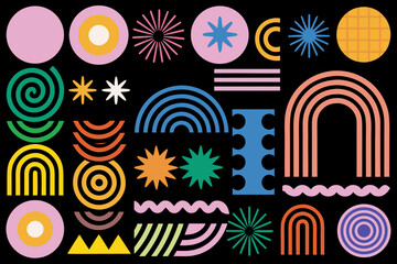 Colorful abstract shapes and patterns arranged on a dark black background