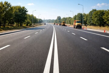 An empty highway under construction, showcasing fresh asphalt and clear blue skies.