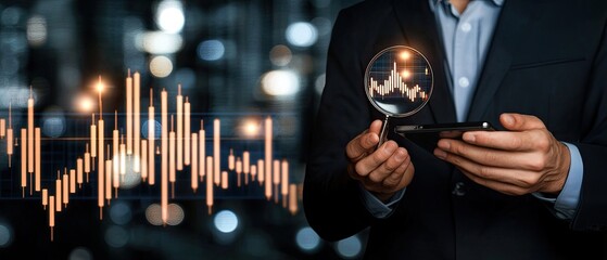 A person examines data trends on a smartphone while holding a magnifying glass, showcasing a blend of technology and analysis