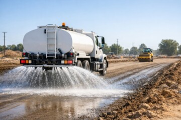 A water truck sprays water on a construction site, enhancing dust control. The scene includes heavy machinery in the background.