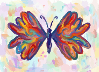 Colorful abstract butterfly illustration with artistic brush strokes and texture. Artistic watercolor and oil painting style butterfly design. Vector design.