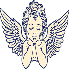 A vintage style illustration of a cherubic angel with wings resting hands on cheeks in a blue hue