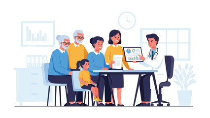 Health Consultation: A medical professional engages in a detailed discussion with a multigenerational family, delving into vital aspects of their well-being and overall health. 