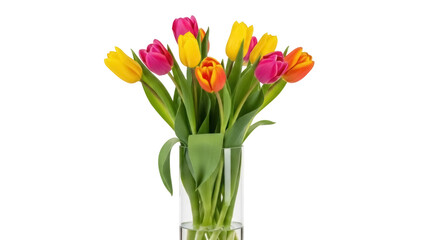 Isolated bunch of vibrant tulips, colorful springtime flowers arranged in clear glass vase