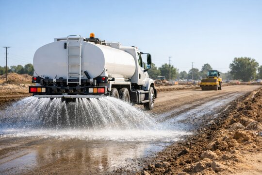 A water truck sprays water on a construction site, enhancing dust control. The scene includes heavy machinery in the background.