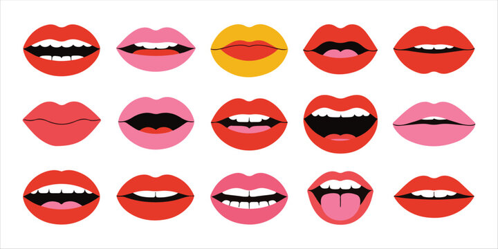 Close up collage of colorful lips. simple vector illustrations of female mouth shapes