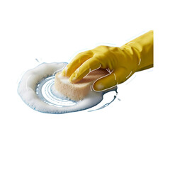 Cleaning sponge with yellow rubber glove, washing foam, household cleaning concept. Close-up photo of a hand in protective glove wiping soapy bubbles on surface. Perfect for hygiene, sanitation, house