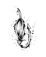 Hand drawn abstract grunge arrow tattoo design with stipple shading and ink splatters. Black and white tribal devil tail or hook illustration in vintage engraving style. Vector pattern