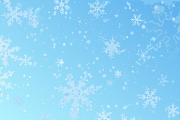 A serene blue background with falling white snowflakes creating a winter scene