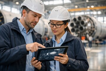 A diverse team of engineers, a Caucasian man and an Asian woman, collaborate in a high-tech aerospace facility, analyzing blueprints on a tablet.