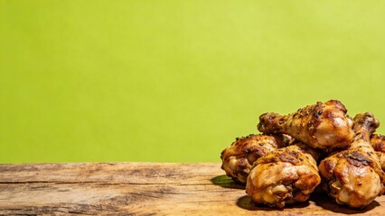Seasoned roasted chicken drumsticks stacked on a wooden surface