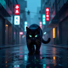Mystical Black Cat in Neon Alley at Night, Generated AI