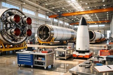 A high-tech aerospace workshop featuring rocket engines and a sleek rocket prototype. The atmosphere is industrious and innovative.