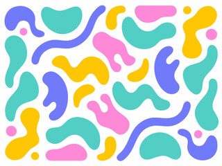 Vibrant abstract pattern featuring scattered organic shapes in playful colors on a white background