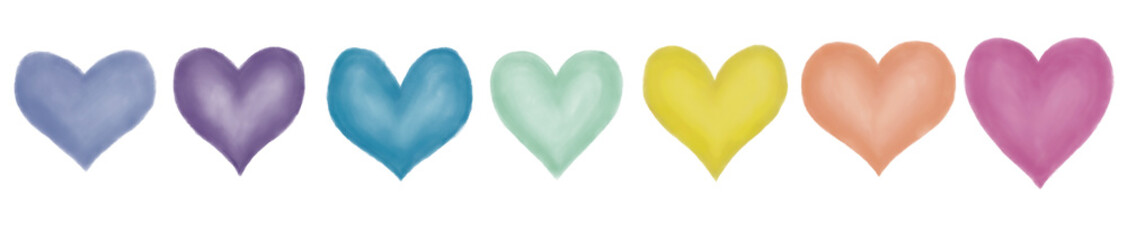 Obraz premium Set of hand painted pastel rainbow watercolor hearts isolated on transparent background. Romantic love illustration perfect for Valentine’s Day cards, greeting design, wedding decor, wrapping paper, f