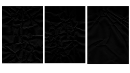 Abstract black texture backgrounds showcasing intricate wrinkles, folds, and creases of crumpled fabric or dark paper, creating a dramatic and mysterious surface design element