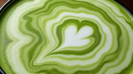 Obraz premium frothy matcha latte with its signature vibrant green color and delicate swirling foam patterns, a macro and full-frame texture shot, close-up texture, top view