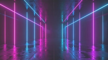 A dark interior lit by pink and blue neon lights