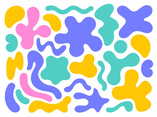 Abstract amoeba shapes in vibrant colors create a playful retro pattern on a white background