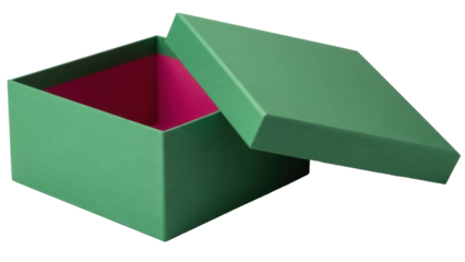 Isolated square green box with open lid displaying a hot pink interior for gifts and treasures