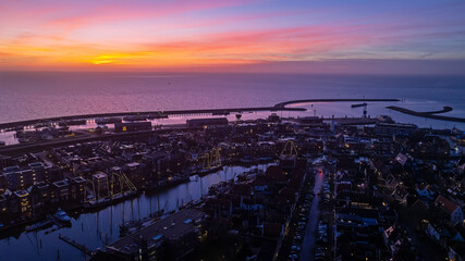 Aerial from the city Harlingen at christmas time in Friesland the Netherlands