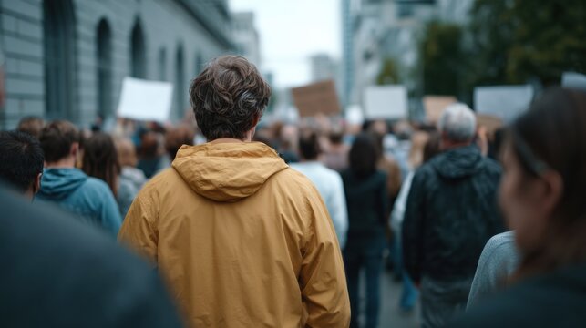 Person in yellow jacket walking in crowded urban protest with handheld signs, moody overcast light, back view